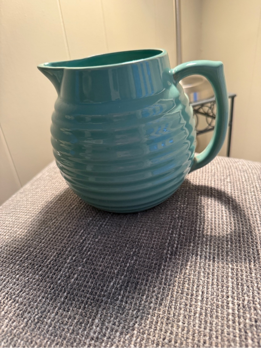 Over and Back Yellow Ware Ceramic Pitcher - Ribbed Round Design VINTAGE